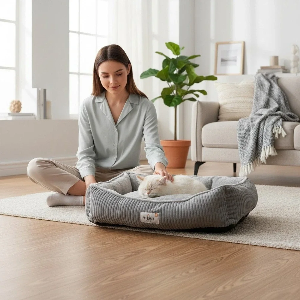 Pet Craft Supply Co Cat Bed Small Grey New 1pc Corduroy Bolster Plush Fleece